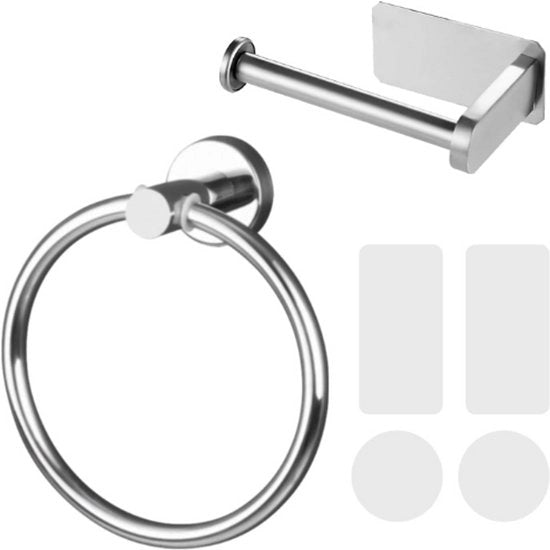 Set di Supporto per Carta igienica Autoadesivo & Anello per Asciugamano - Accessori da Bagno - Acciaio Inox 304 - Cromo - Senza Forare