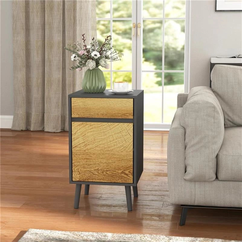 COMODINO CON CASSETTO E ARMADIETTO MODERNO SENZA MANIGLIE, 40X39X69 CM, GRIGIO SCURO E LEGNO