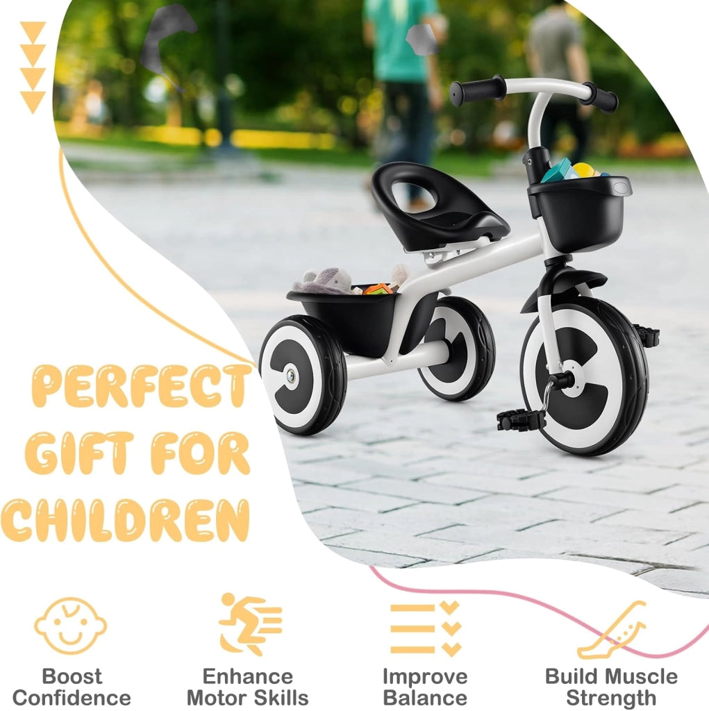 Triciclo Bambino 1-5 Anni, Triciclo Evolutivo con Sedile Comodo Regolabile in 2 Posizioni, Struttura a Triangolo Stabile, 2 Cestini di Stoccaggio, Ruote Antiscivolo, Carico 25 KG (Bianco)