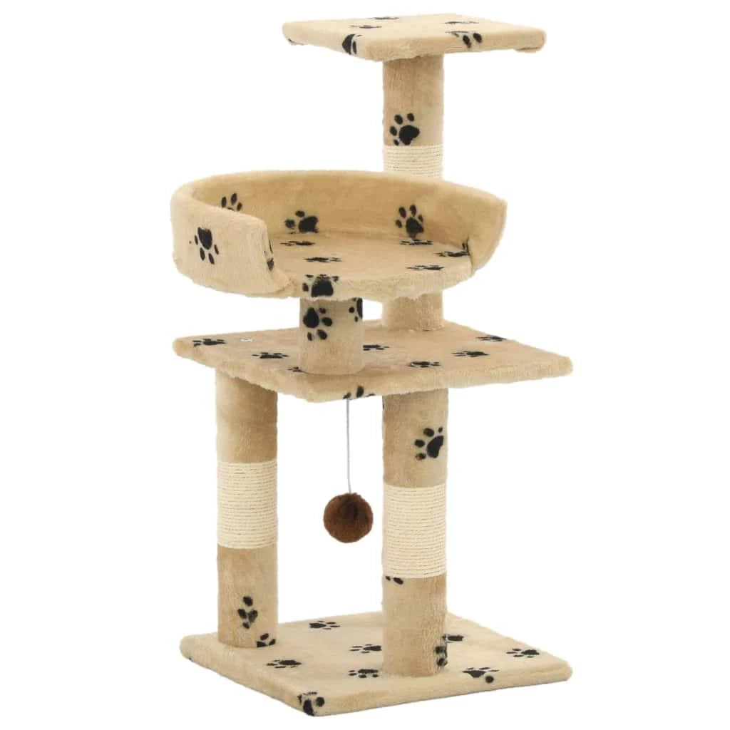 Tiragraffi albero per gatti cuccia per gatti peluche in sisal 65 cm beige con motivo a impronta di zampa 3702044