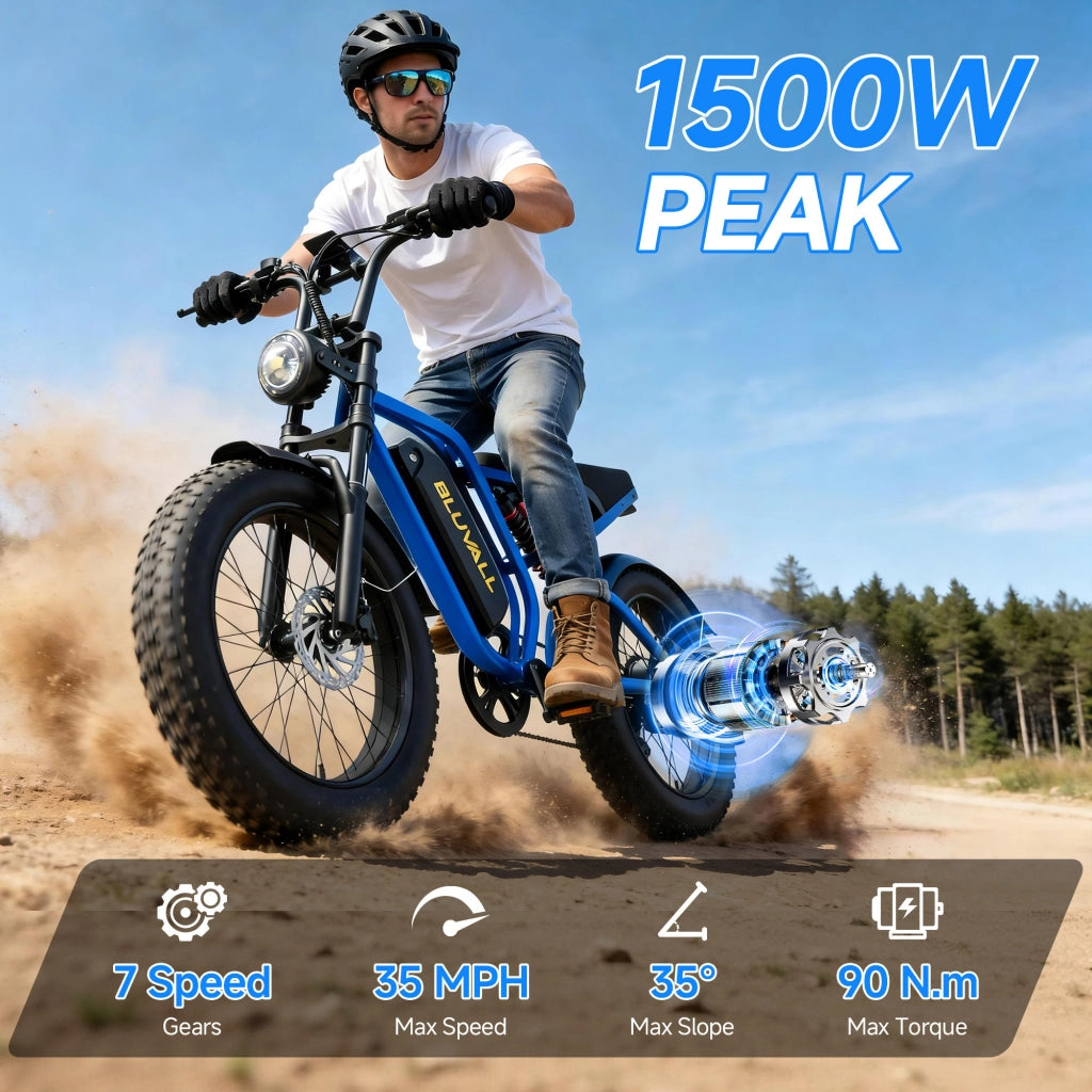 Bici Elettrica 20" Fat Bike 250W (Picco 1500W), Batteria 52V 20Ah Rimovibile con Serratura, Freni Idraulici + Doppia Sospensione Idraulica, Shimano 7 Marce, Bici per Citt¨¤ e Fuoristrada Portata 150kg
