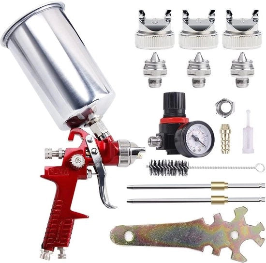Spruzzatore di aria ad alta pressione con tecnologia HVLP e coperchio in alluminio da 1000 CC - inclusa la confezione con 3 getti per autoreparazione e verniciatura di recinzioni (rosso)