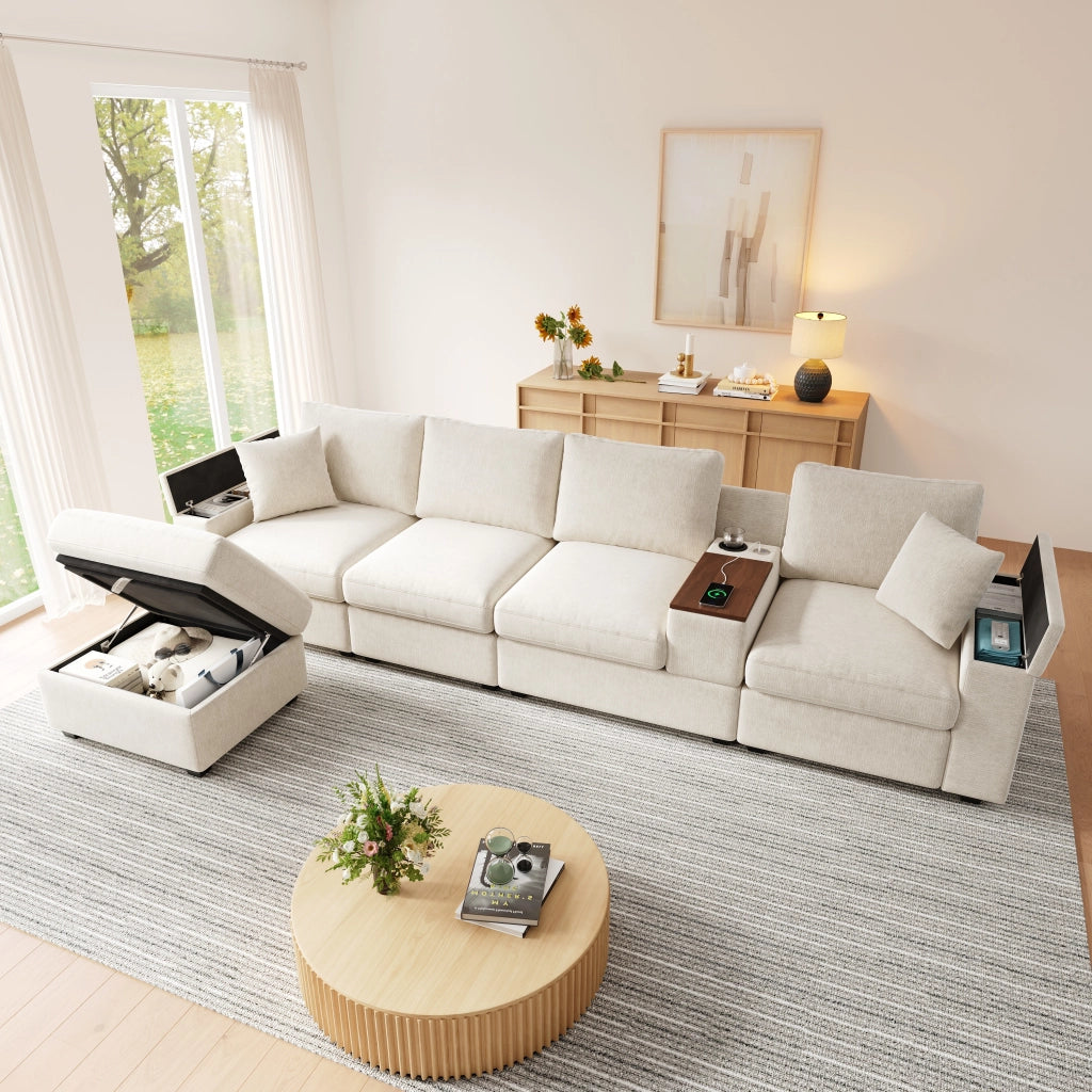 Divano modulare angolare in ciniglia con USB tipo C portabicchieri e contenitore beige