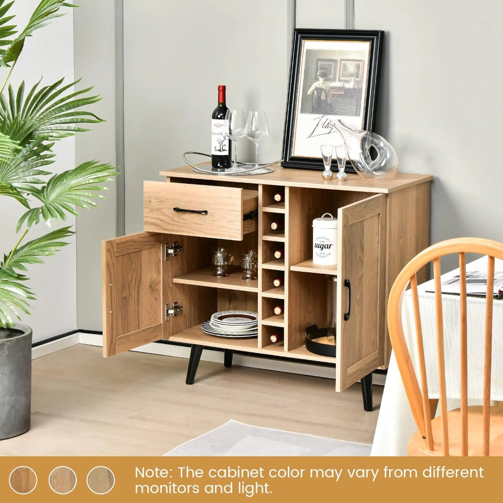 Credenza da Cucina con Porta Vino per 6 Bottiglie, 90 x 40 x 79 cm, Mobile da Bar con 2 Ante e 1 Cassetto, Ripiani Regolabili, per Sala da Pranzo e Soggiorno (Naturale)