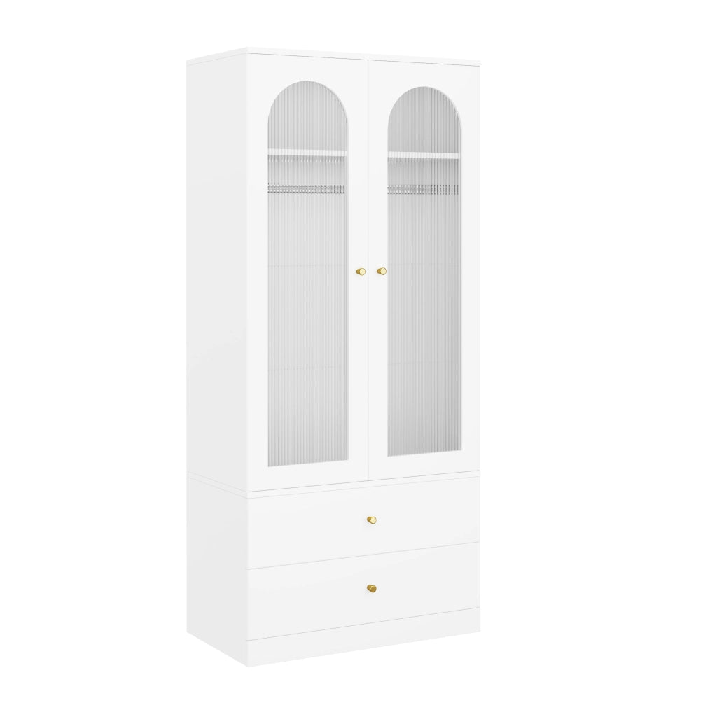 Armadio 90x50x200 cm con 2 cassetti e ante in vetro MDF bianco