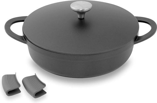 Padella in Alluminio Smaltato con Superficie Antiaderente, Piatto da Cottura Induttivo con Protezione per Manico in Silicone e Coperchio, Resistente al Forno, Altezza 8 cm.