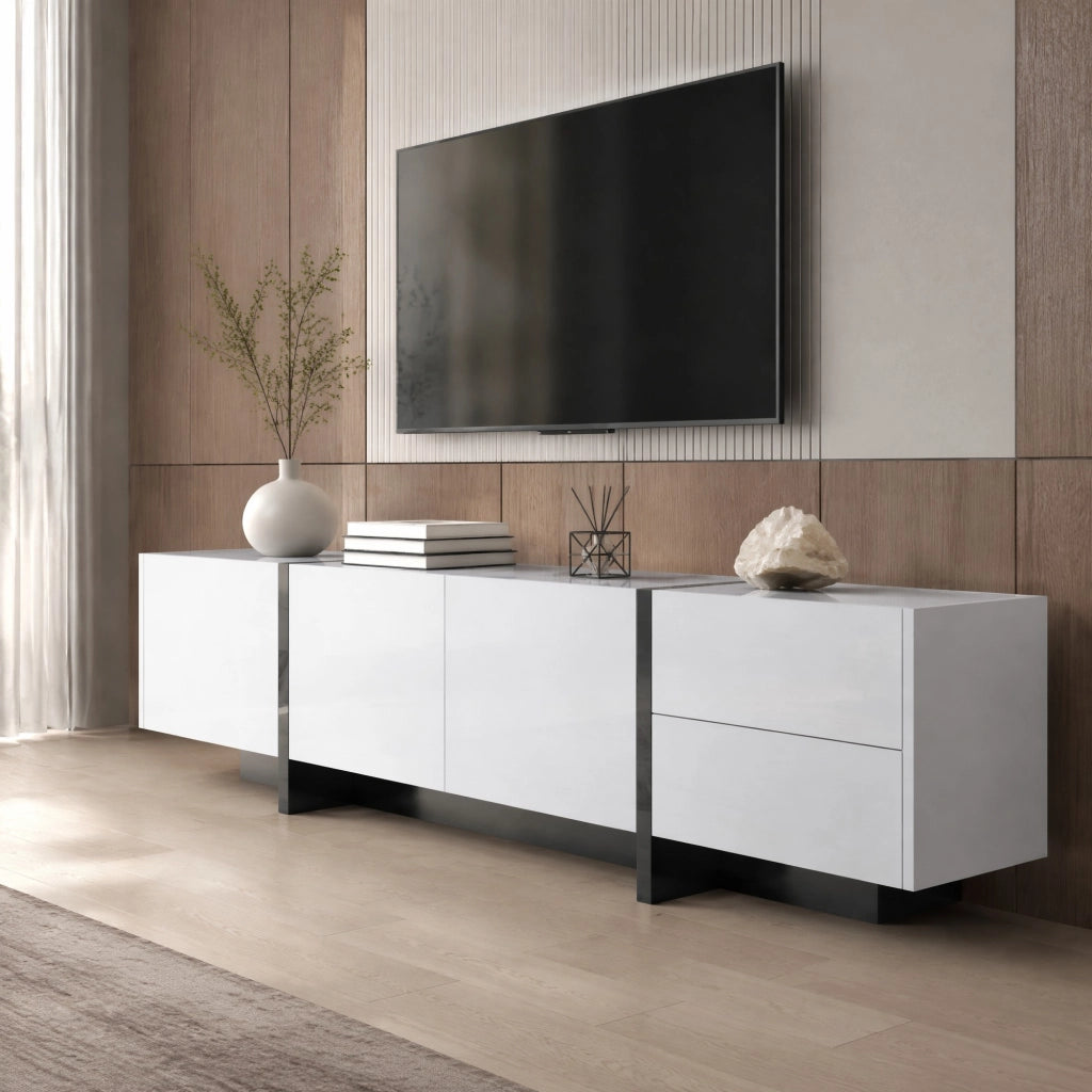 Mobile TV moderno bianco e nero con ante e cassetti, 190 x 45 x 35 cm