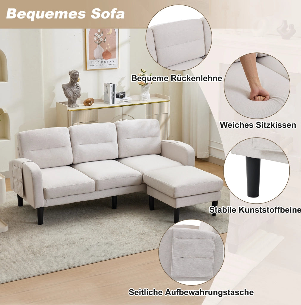 Divano angolare L con chaise longue e tasche laterali, 204x136x80 cm, beige