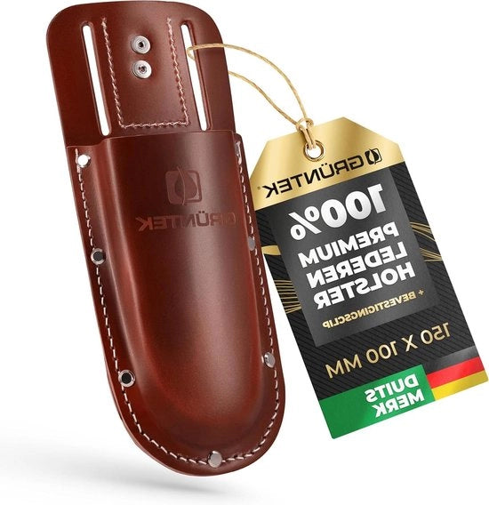 Holster per sega da giardino – Materiale di alta qualità, pelle naturale marrone chiaro e bordeaux, resistente e robusto con cinturino e clip, progettazione ergonomico 3 mm di spessore.