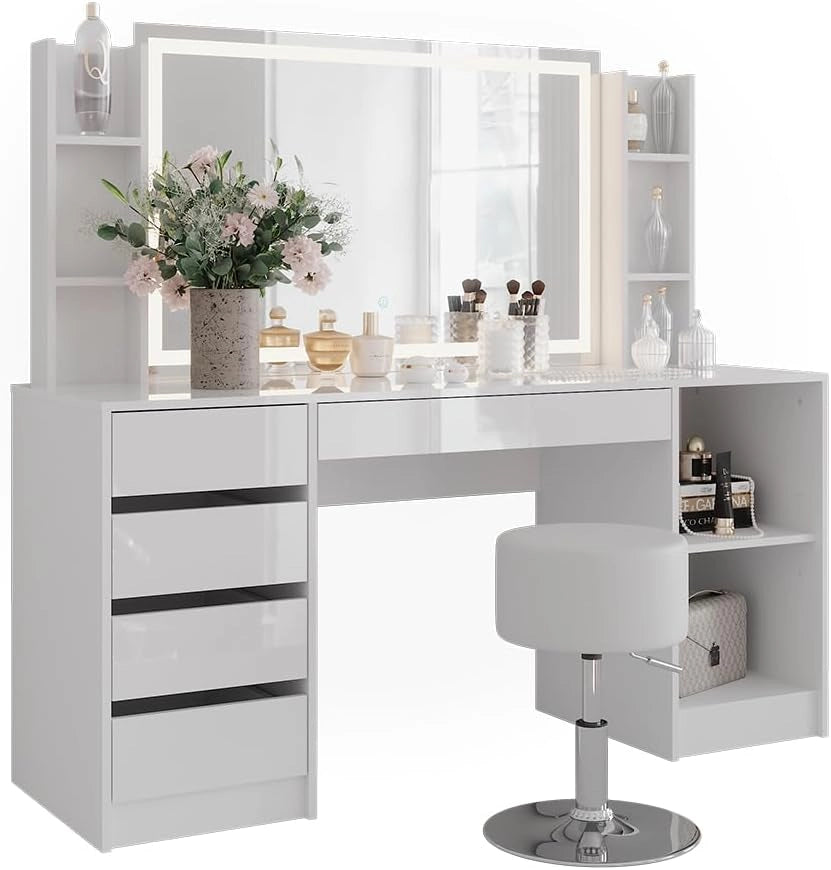 Tavolo da toeletta Sherry, Bianco/bianco lucido, 158.2 cm 5 parti