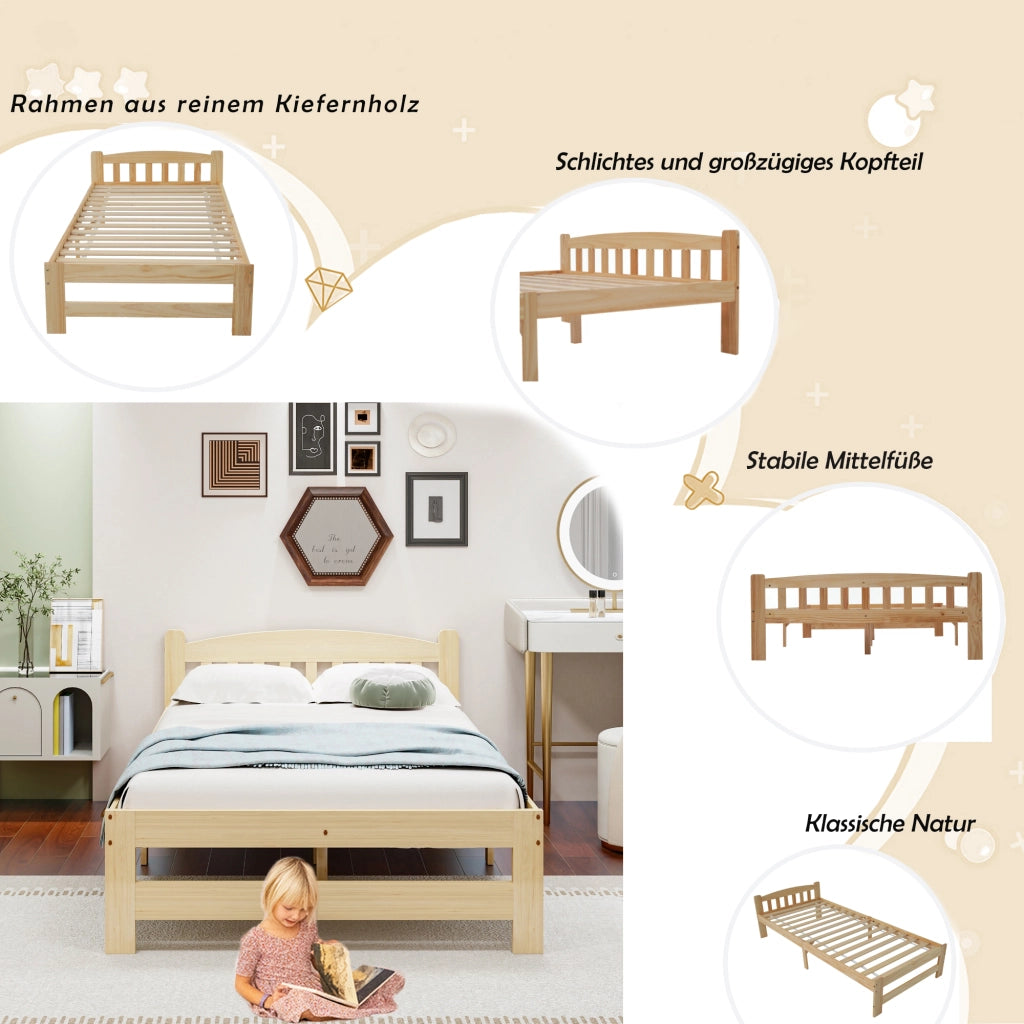 Letto Singolo 90×200 cm; Letto 1 Posto in Legno Massello con Testiera e Piede Centrale; senza Materasso; Naturale