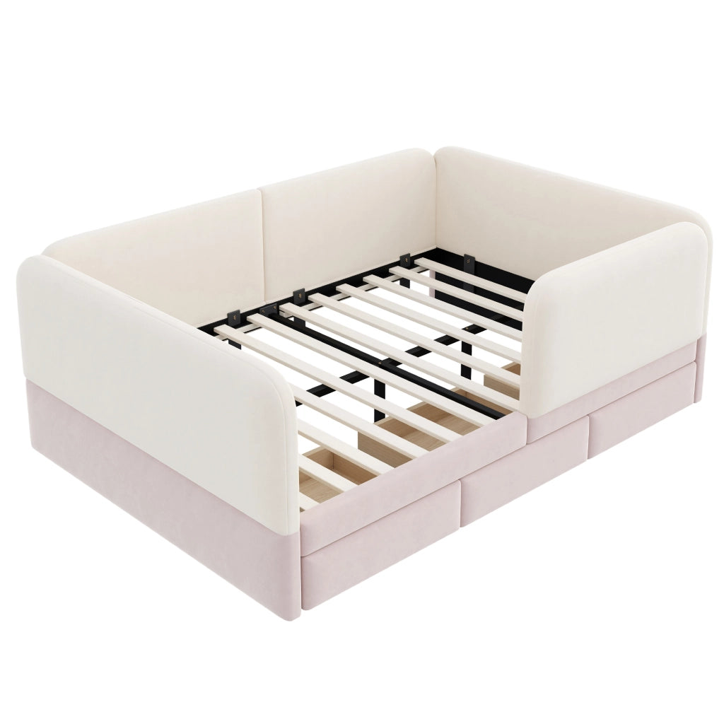 LETTO Bambini 140x200 cm in velluto Beige/Rosa con 3 cassetti