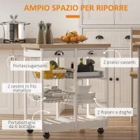 Carrello da Cucina Multiuso con 2 Cassetti, 2 Ripiani e 2 Cesti, in Legno di Pino, 74x37x76 cm, Bianco