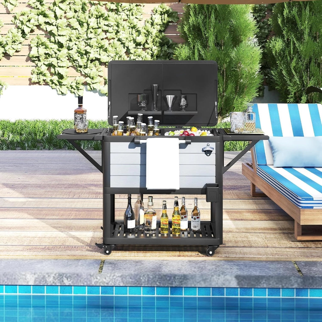 Carrello Porta Ghiaccio su Ruote 83 x 50 x 85 cm, Carrello Refrigerante con Ripiani di Stoccaggio e Apribottiglie, Portata 91 L, Frigorifero Portavivande da Esterno per Feste e Barbecue