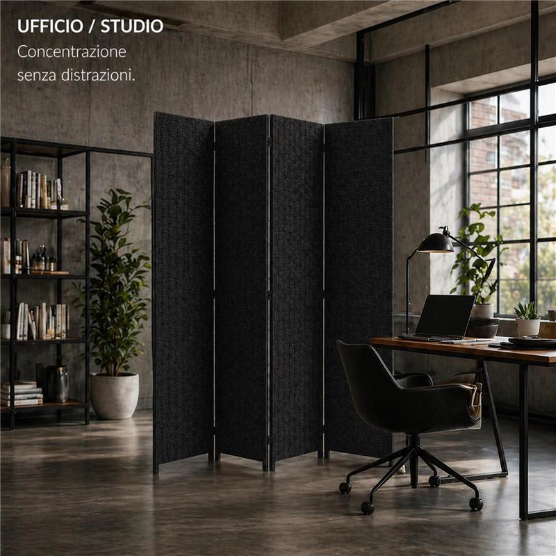 SEPARE' CON QUATTRO PANNELLI IN PLATICA NERO CON STRUTTURA IN LEGNO MISURE: 180X180CM