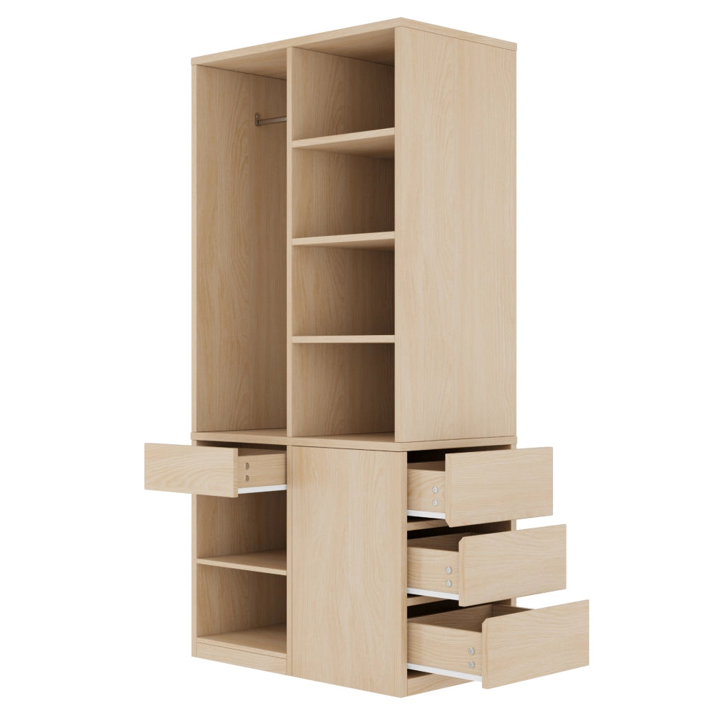 Armadio guardaroba 70x50x170 cm con appendiabiti; ripiani aperti e cassetti in MDF e compensato
