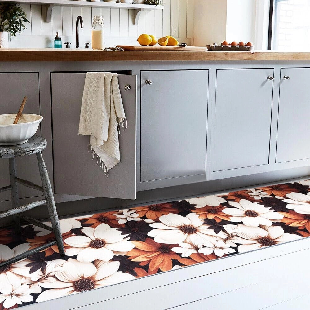 Tappeto Cucina Gomma Pvc 51x360 cm Design Elegante Morbido Antiscivolo Fiori 3D Colori Caldi