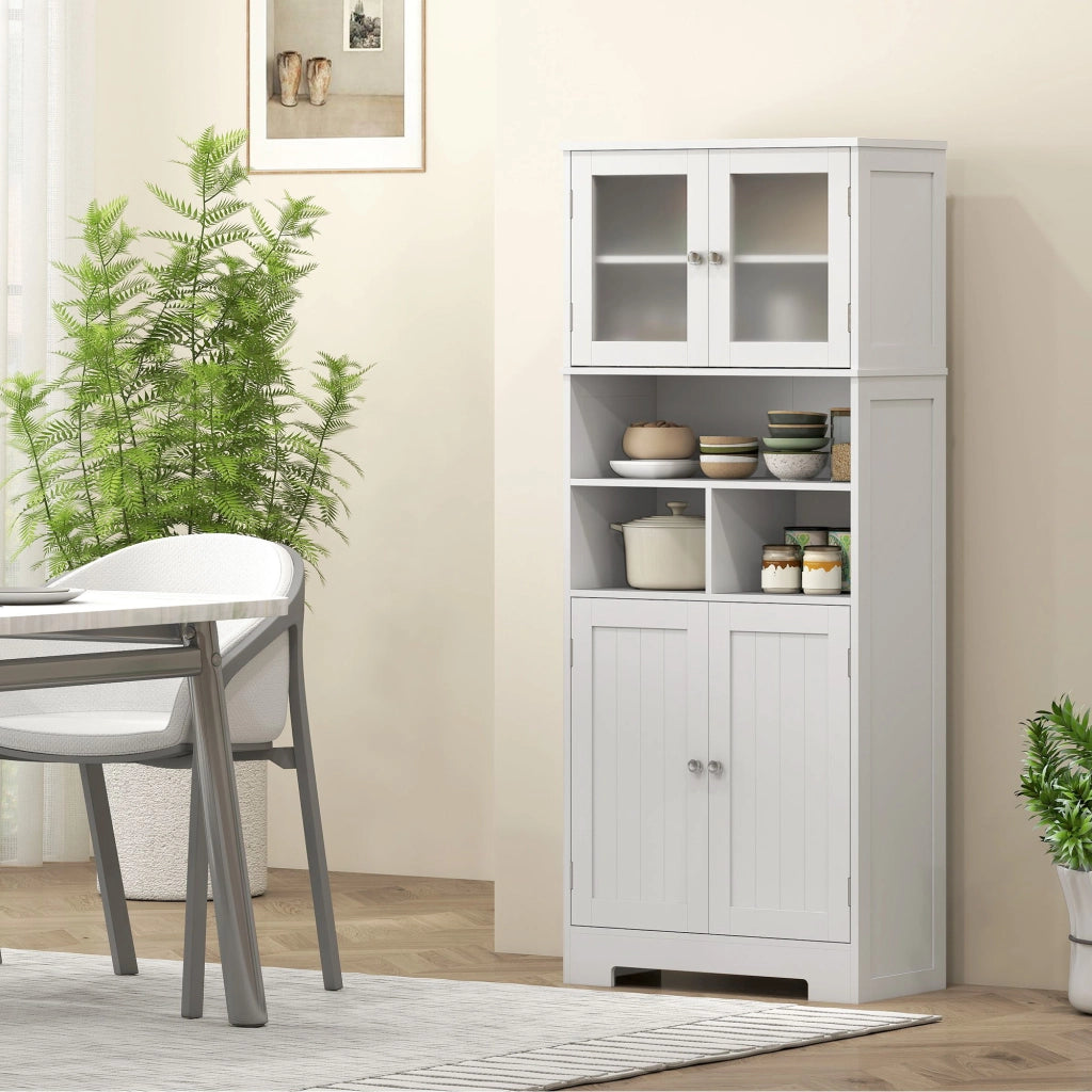Credenza Bianca con 2 Ante a Vetro e 3 Vani Aperti, Ripiani Regolabili ¨C Zephmum ¨C 60x30x145.5 cm