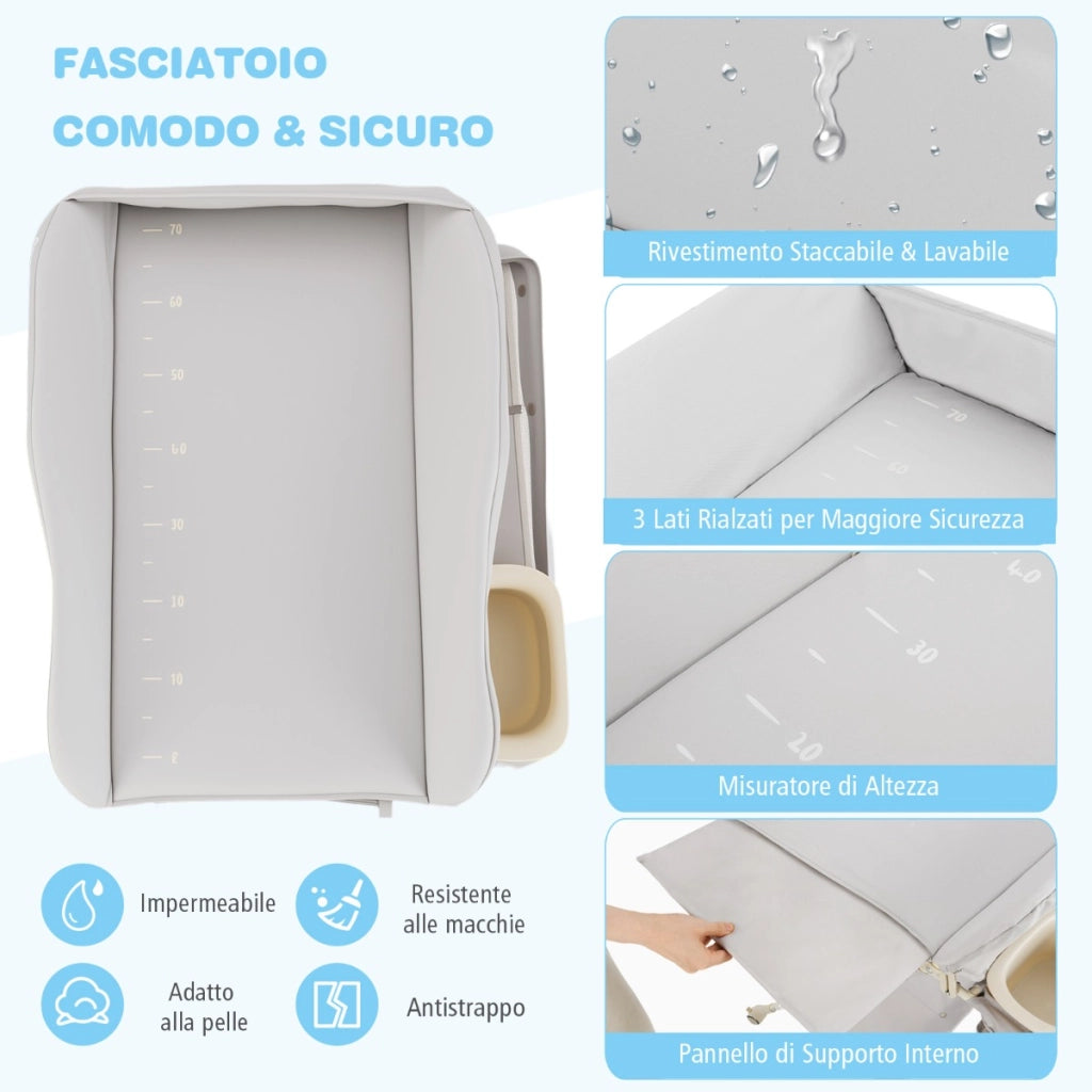Fasciatoio per bambini con 3 altezze regolabili e 4 ruote bloccabili, Fasciatoio pieghevole con bacino Grigio-Fasciatoi