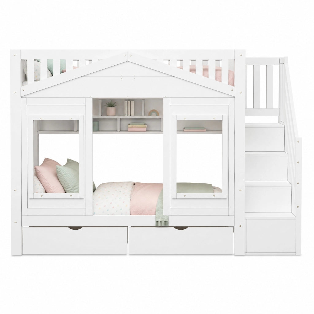 Letto a casetta con scale contenitore a destra, 90x200 cm, bianco, in pino massiccio e MDF