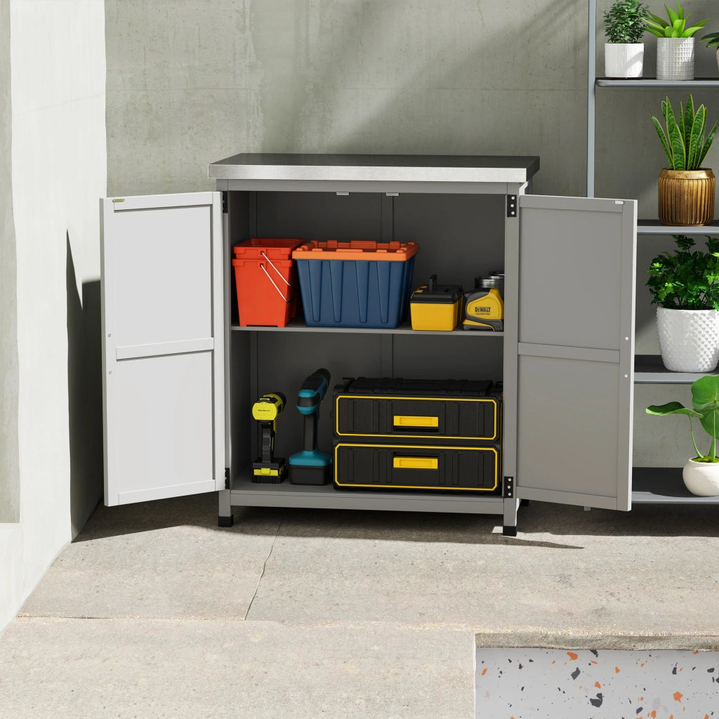 Armadio da Giardino con Piano di Lavoro; Doppia Anta e Ripiano Interno; in Legno; Grigio; 79 × 43 × 92 cm