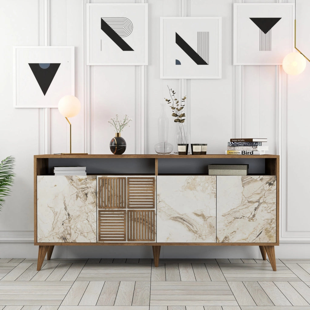 Console in legno "Milano" - 35 x 160 x 78 cm - Noyer, Marbre Blanc