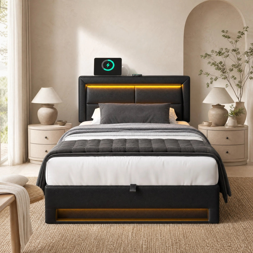 Letto imbottito 90x200 cm con USB, LED e contenitore, senza materasso, nero