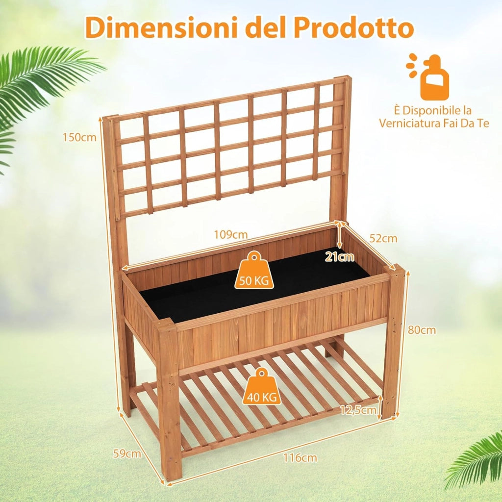 Letto da Giardino Rialzato, Fioriera Elevata con Traliccio, Mensola di Stoccaggio e Fori di Drenaggio, Orto Rialzato per Cortile, Giardino e Patio, 116 x 59 x 150 cm (Marrone)