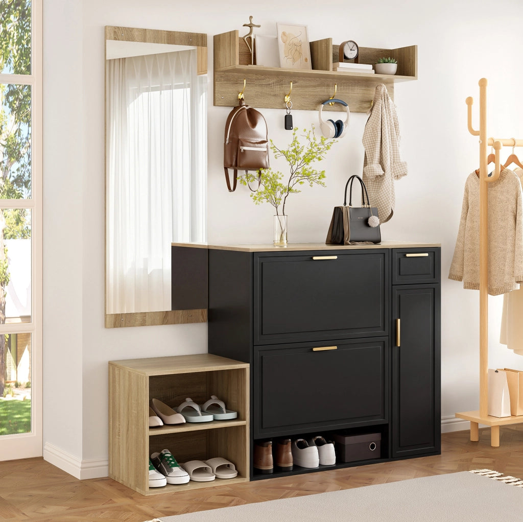 Set guardaroba da ingresso 4 pezzi nero e naturale con scarpiera, panca, specchio e appendiabiti