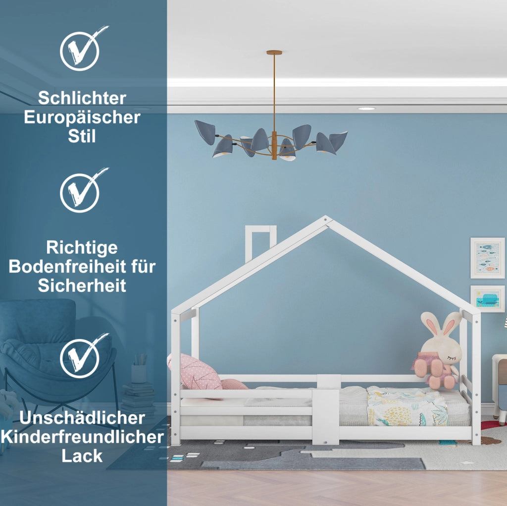 Letto a casetta per bambini 90x200 cm con protezione anticaduta; in legno massello di pino; bianco