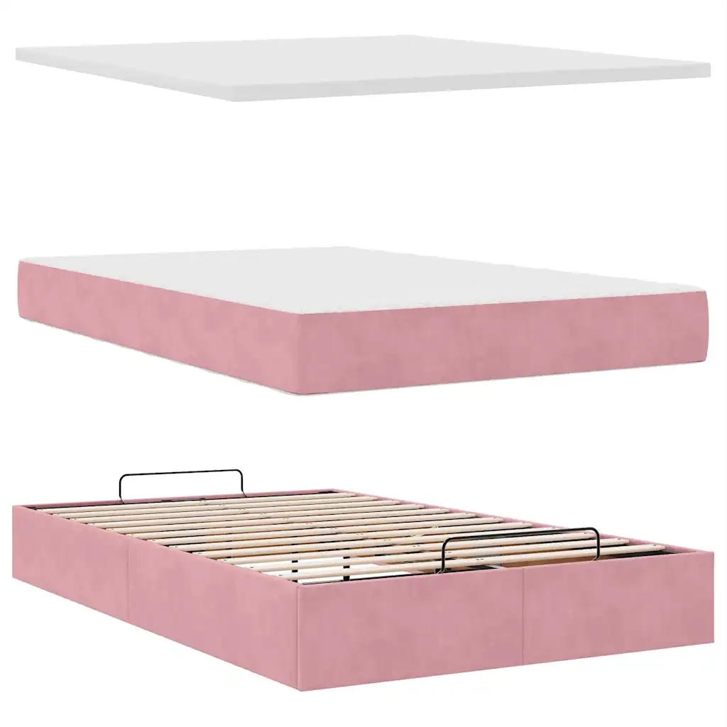Pouf Letto con Materasso e LED Rosa 120x190cm in Velluto