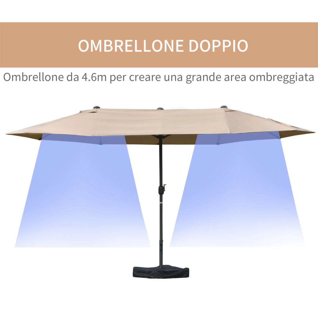 EasyComfort Ombrellone da Giardino Doppio 460x270cm, Ombrellone da Esterno con Apertura a Manovella, Base a Croce e Zavorra, Acciaio e Poliestere Khaki