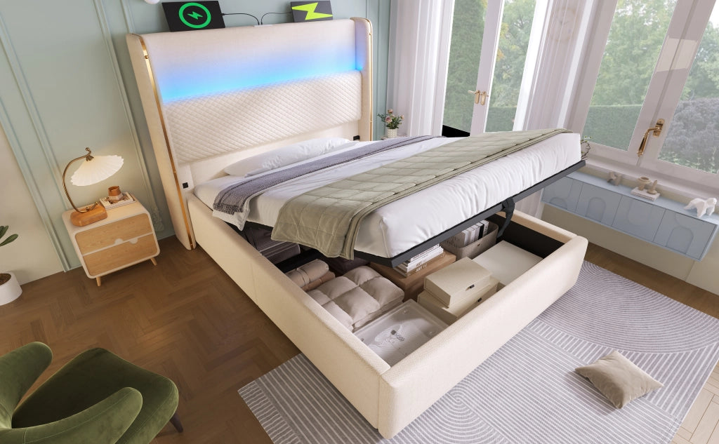 DESMIU Letto Contenitore 90 × 200 cm 1 Posto con LED, USB, Type-C e Rete, con Materasso, Beige