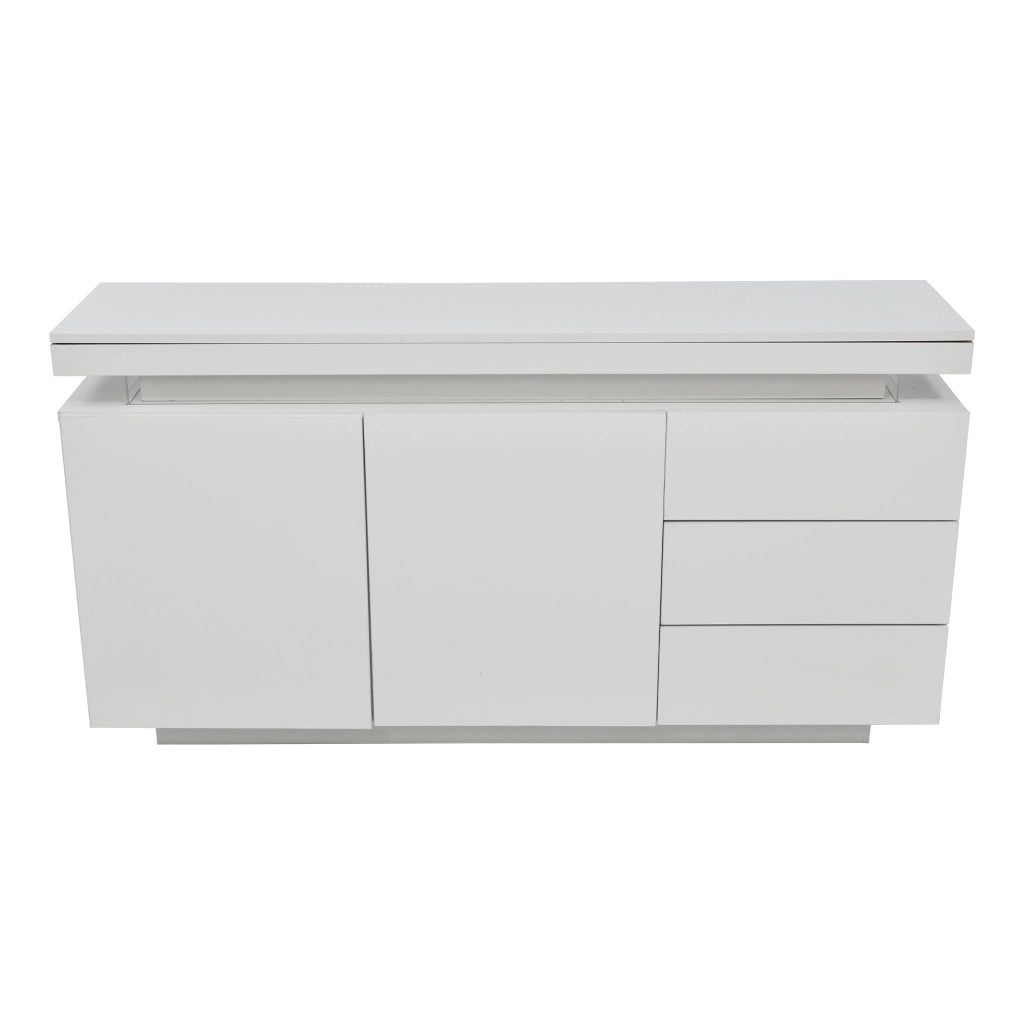 Credenza moderna bianca lucida con LED RGB, 2 ante e 3 cassetti, 140x35x72,5 cm