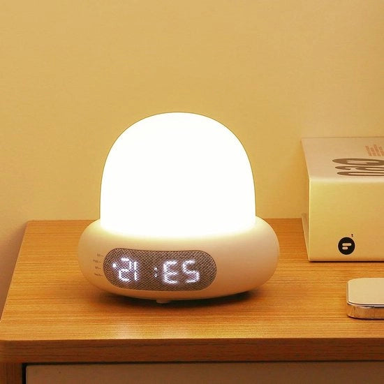 Lampada da letto LED per bambini - cambiamento di colore, regolabile, controllo a pulsante, visualizzazione dell'ora, timer e sveglia - senza fili, ricaricabile via USB - ideale per la camera da letto dei bambini