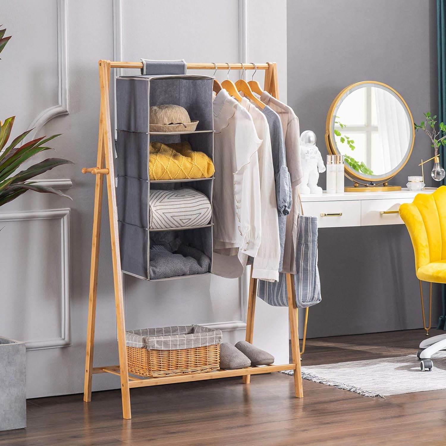 OWIJI Organizer Portaoggetti Appendere Armadio 4 Ripiani 80 x 30 x 30 cm Salvaspazio Divisori Interno Pieghevole Contenitore Vestiti Scarpe