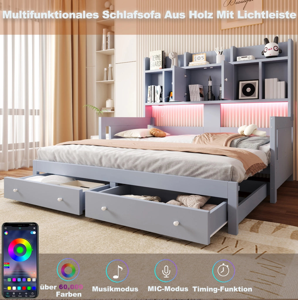 Divano letto estraibile 90x190 cm con cassetti, LED e prese