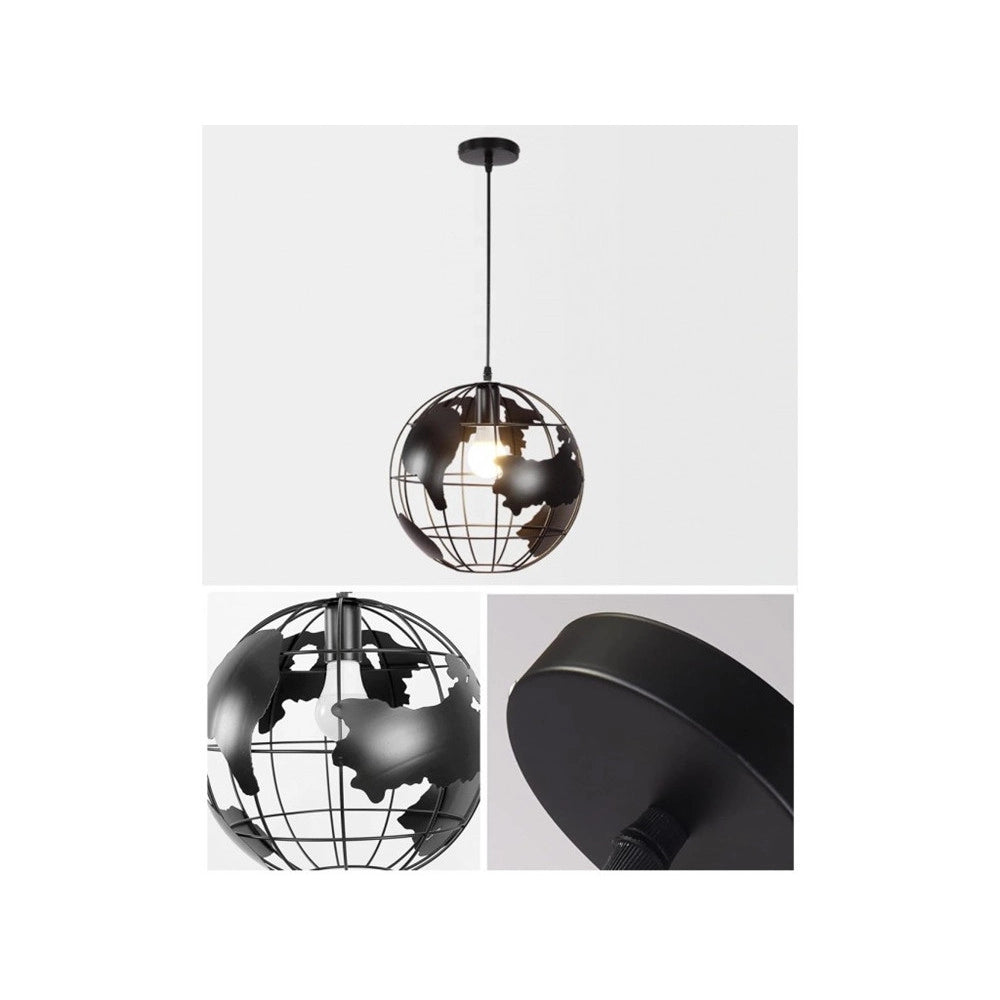 Trade Shop - Lampadario A Sospensione Mappamondo E27 In Metallo Nero Sfera Globo Sospeso 33948 -