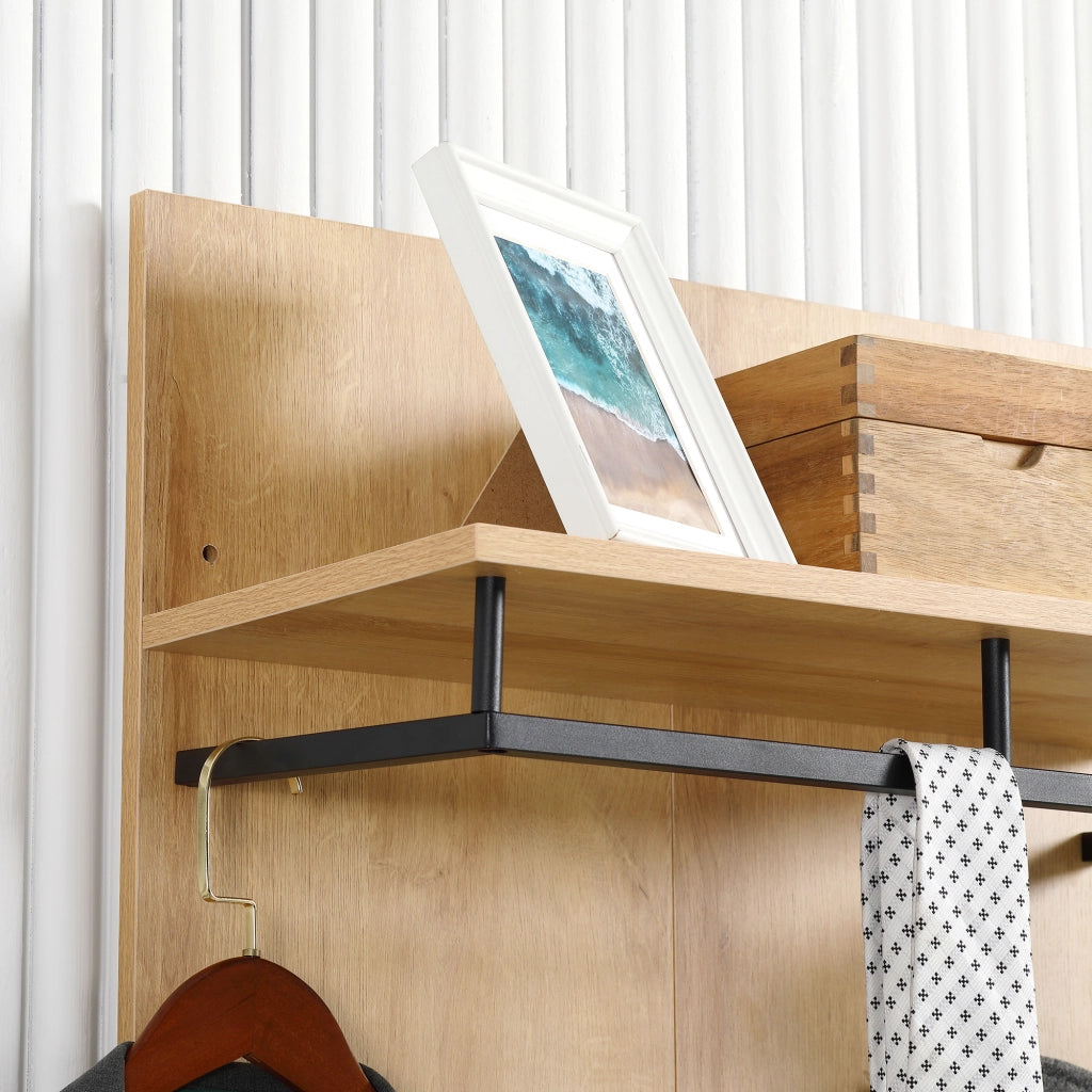 Entryway Organizer with Shoe Bench. Shoe Rack. Hall Tree with 4 Hooks. Coat Rack for Hallway. White and Natural