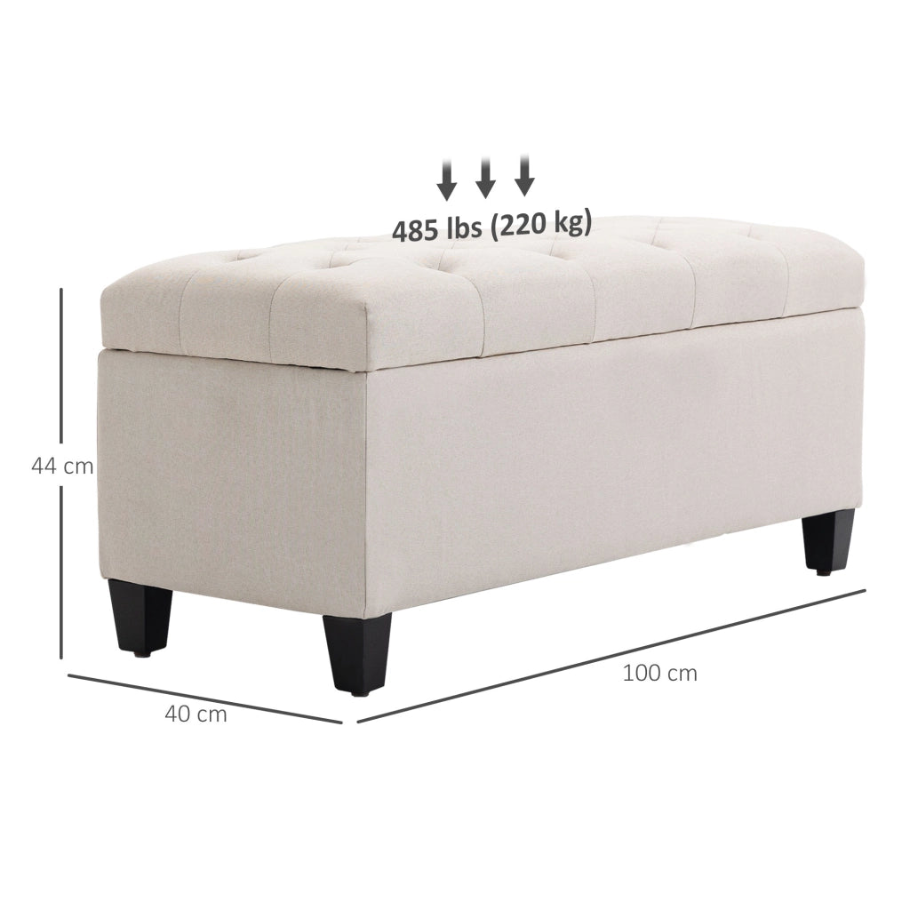 Panca contenitore con seduta imbottita e ampio spazio interno in poliestere effetto lino crema 100 × 40 × 44 cm