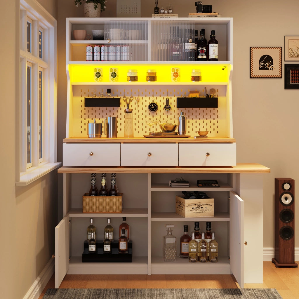 OKWISH Credenza Alta da Cucina con Piano Estensibile e LED, per Cucina o Sala da Pranzo, MDF, Bianco, 137 x 45 x 178 cm