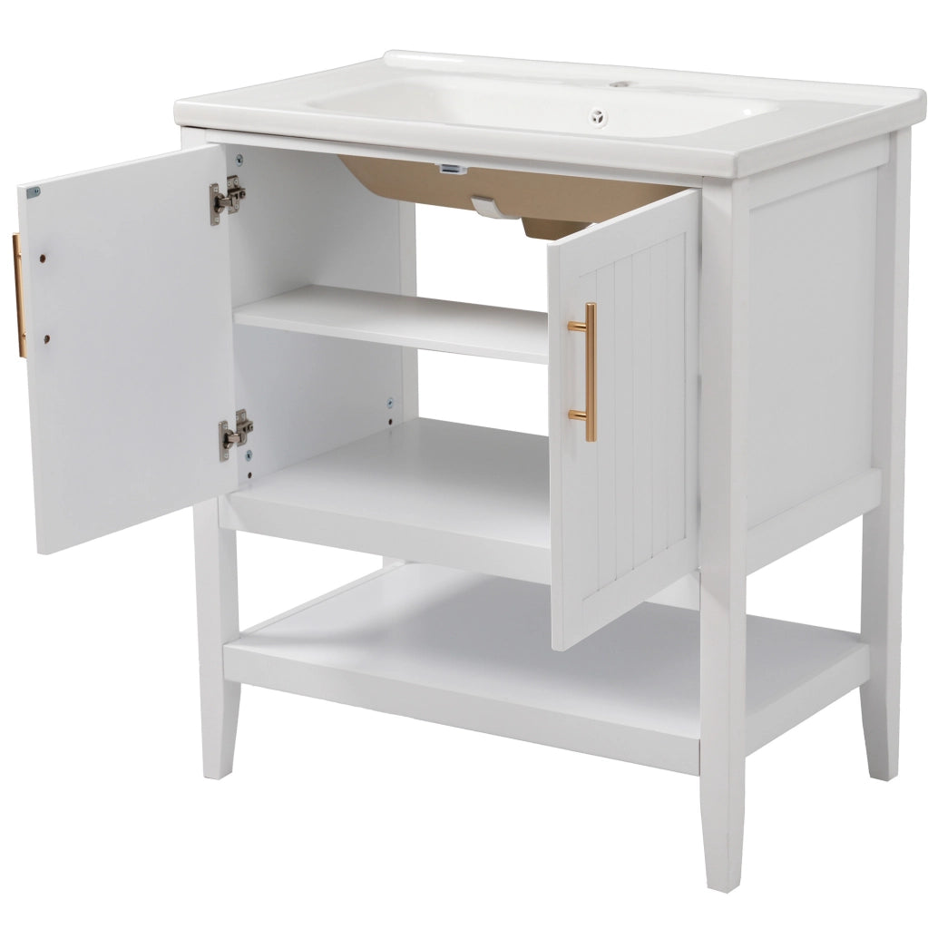 Mobile bagno con lavabo in ceramica da 80 cm colore bianco con base e maniglie moderne
