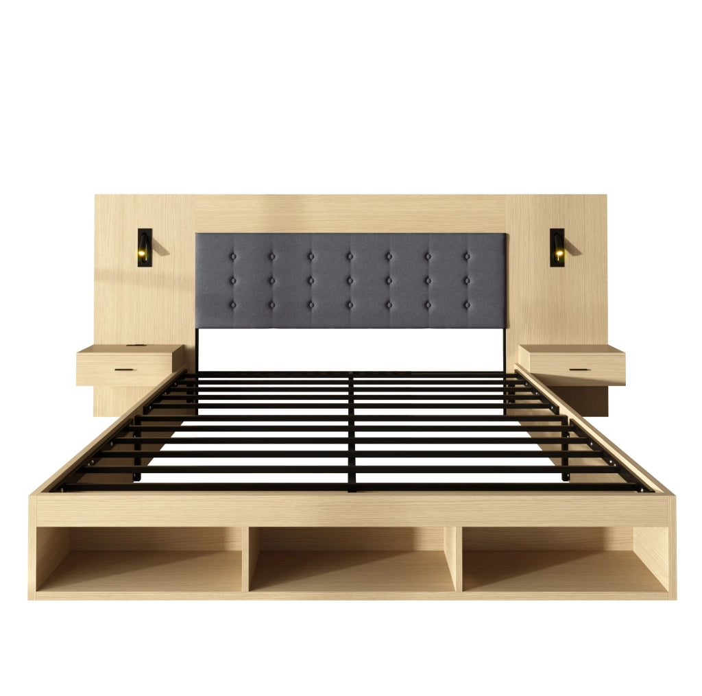 Letto matrimoniale 180x200 cm con contenitore; prese USB e Type-C; luci orientabili; rovere chiaro