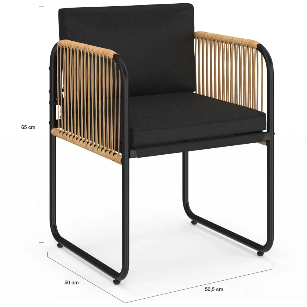 IDMarket - Set di 4 sedie da giardino RIO con struttura in metallo nero, cordoncino effetto rattan chiaro e cuscini neri