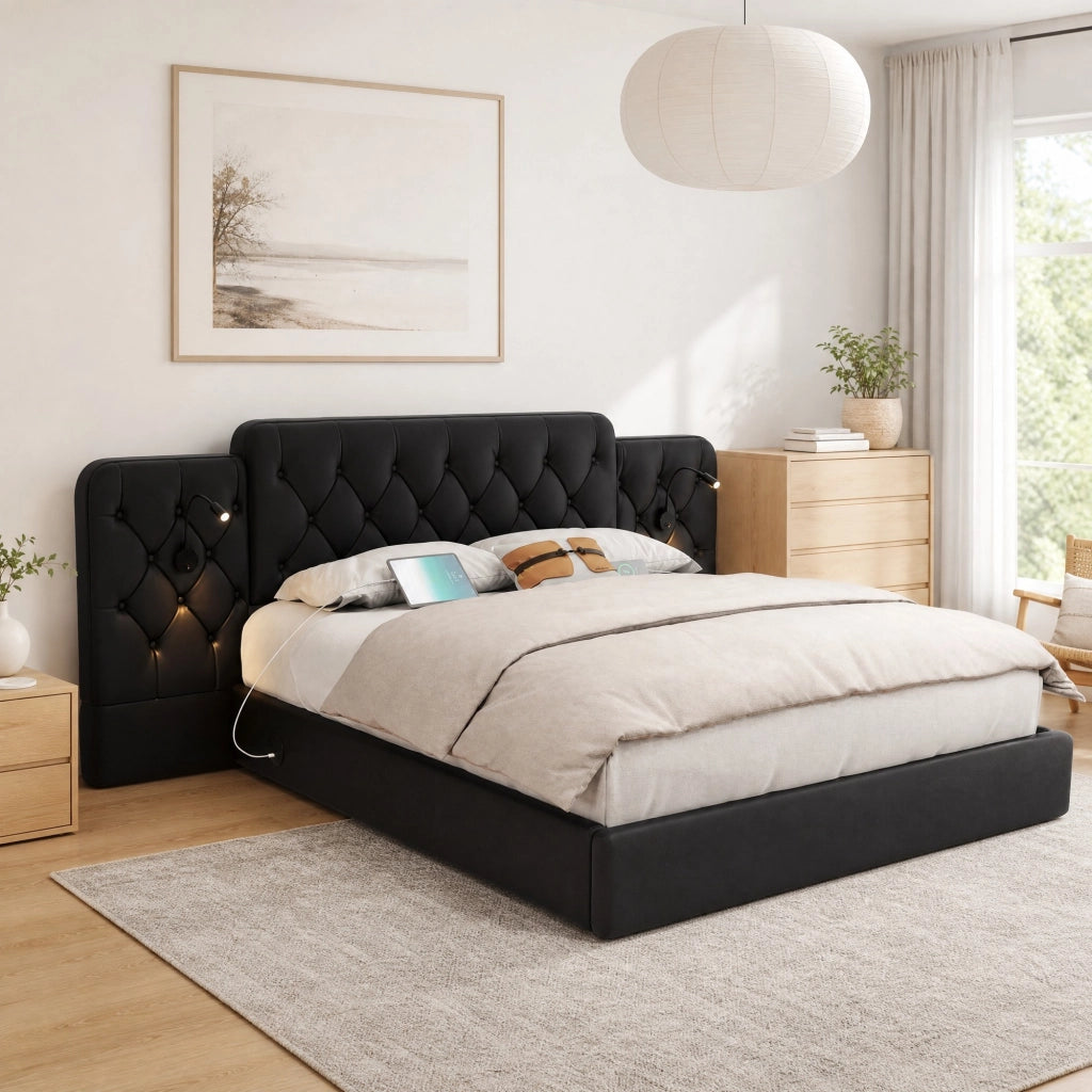 Letto matrimoniale 180x200 cm in pelle PU nera con testiera allungata; luci LED da lettura e USB