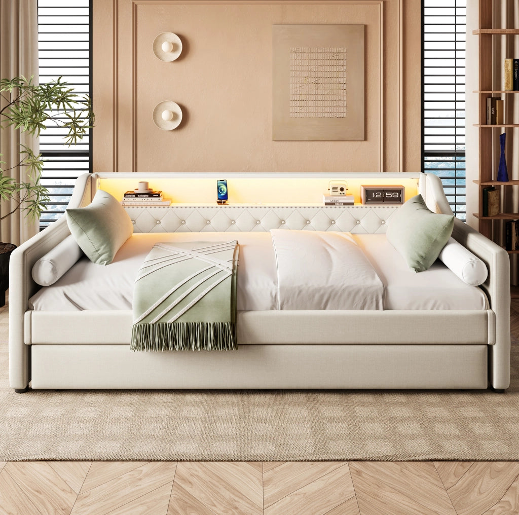 Letto singolo 90x200 cm con letto estraibile; LED e USB in lino e MDF beige