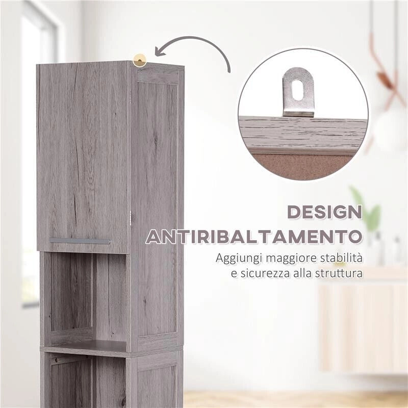 COLONNA BAGNO IN MDF CON 2 ARMADIETTI E 2 RIPIANI APERTI, 30X32X172.5 CM, COLOR LEGNO