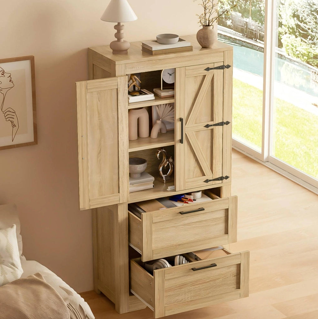 Credenza alta in stile rustico con 2 cassetti e ripiani regolabili