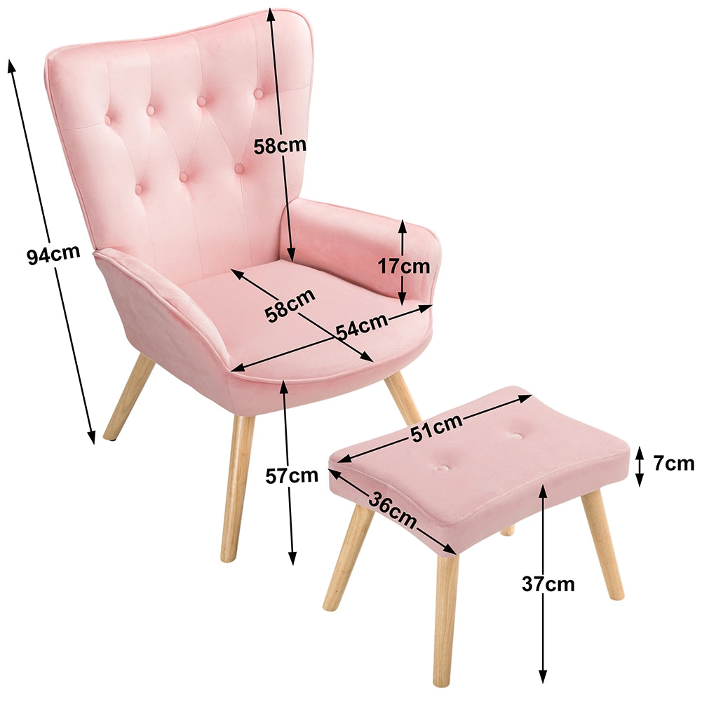 Poltrona Stile Scandinavo con Schienale Alto e Poggiapiedi In Velluto e Gambe in Legno Rosa