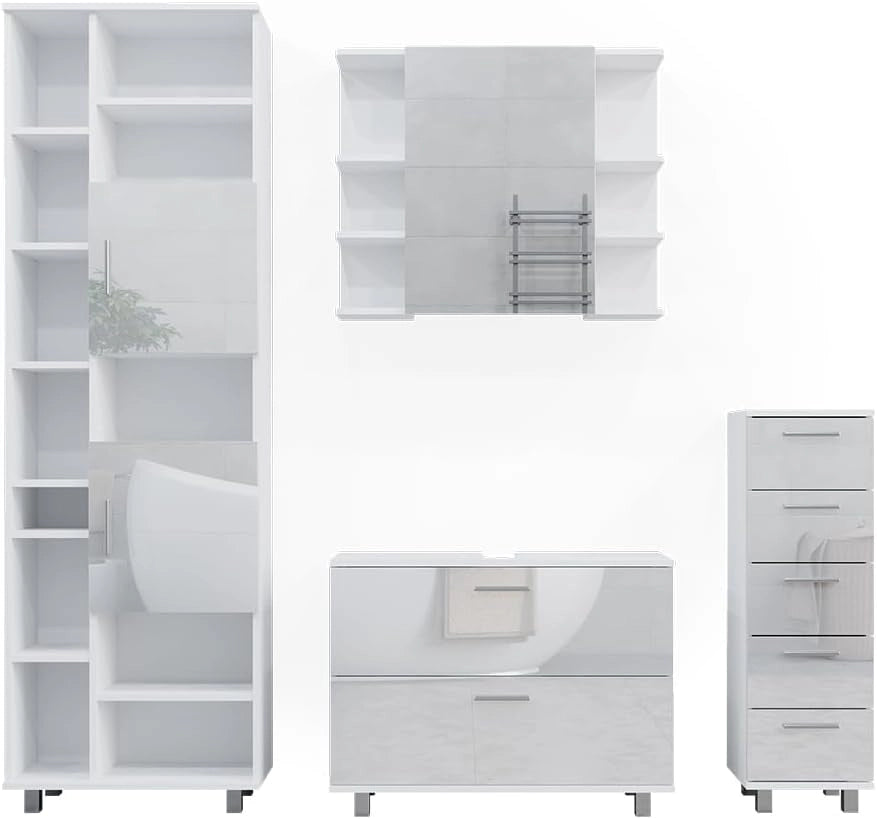 Set di mobili da bagno Ilias, Bianco lucido, 80.2 cm, composto da mobile lavabo, pensile a specchio, colonna e base media